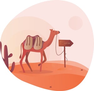 Illustrated camel waiting in the desert to start in the next onesome journey